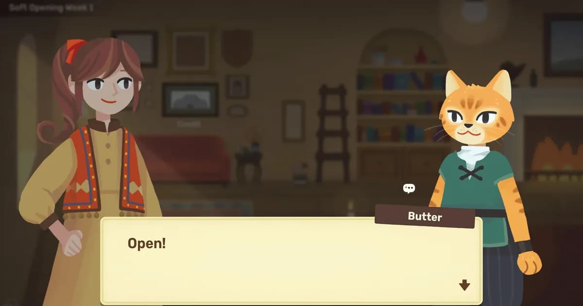 Innkeeper Sara and her orange cat partner Butter shout Open on the first morning of the inn's soft opening week