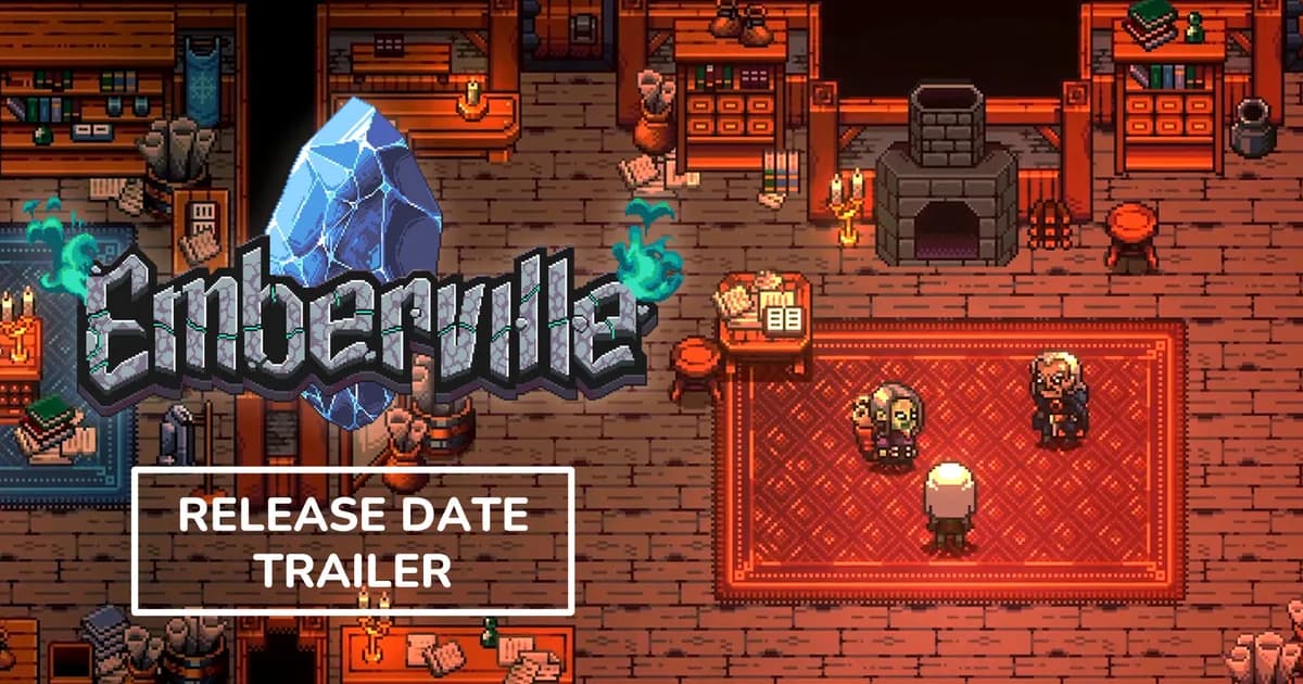 Emberville title card over a candlelit pixel-art room with a crystal figure, bookshelves, fireplace, and three characters