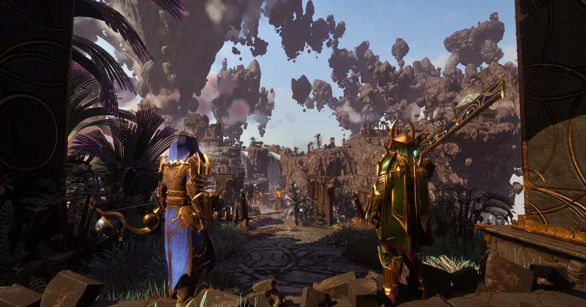 Two armored adventurers stand on a ruined stone path beneath floating rock islands in Enshrouded