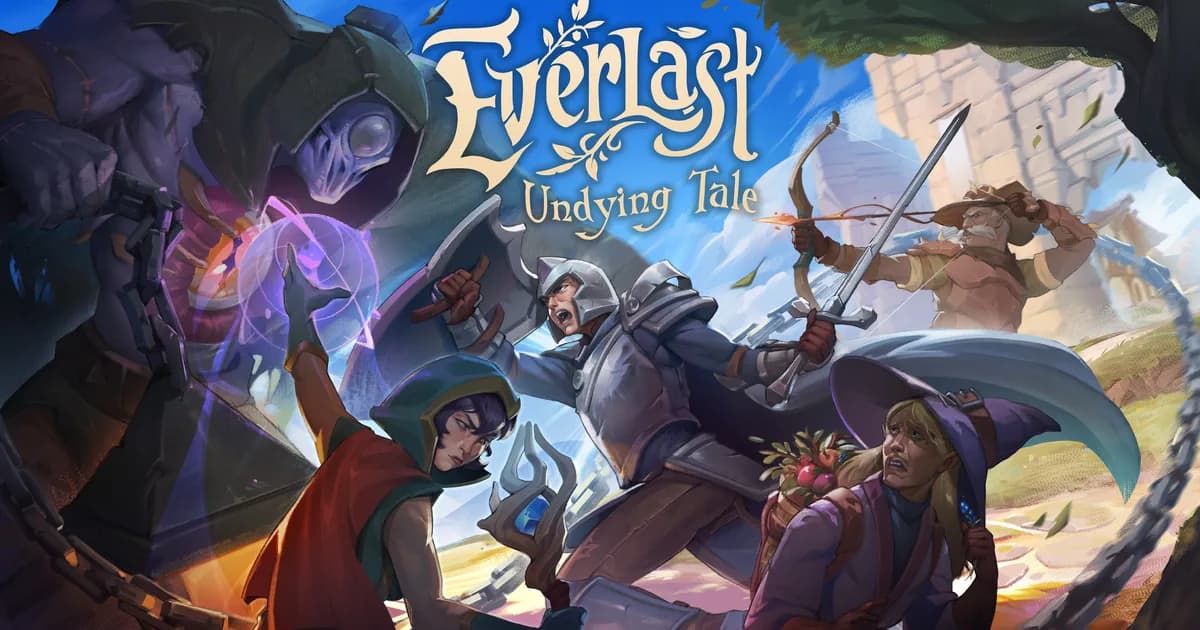 Everlast: Undying Tale key art of five adventurers, a knight, archer, rogue and witch, charging a hooded skeletal caster