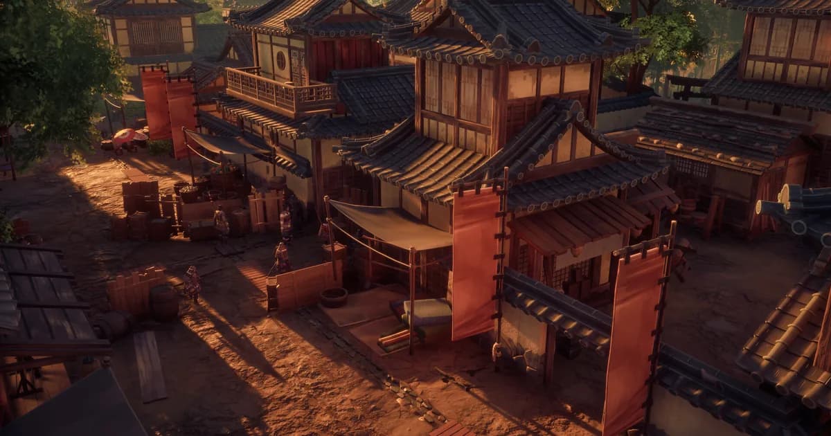 Sunset view of a Sengoku-era Japanese trading village with red merchant banners, market stalls, and armored NPCs walking the main street