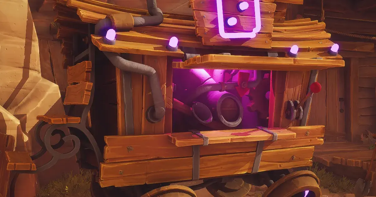 Wooden Gamba Machine cart in the Far Far West town with purple lights, a neon dice sign and glowing machinery inside