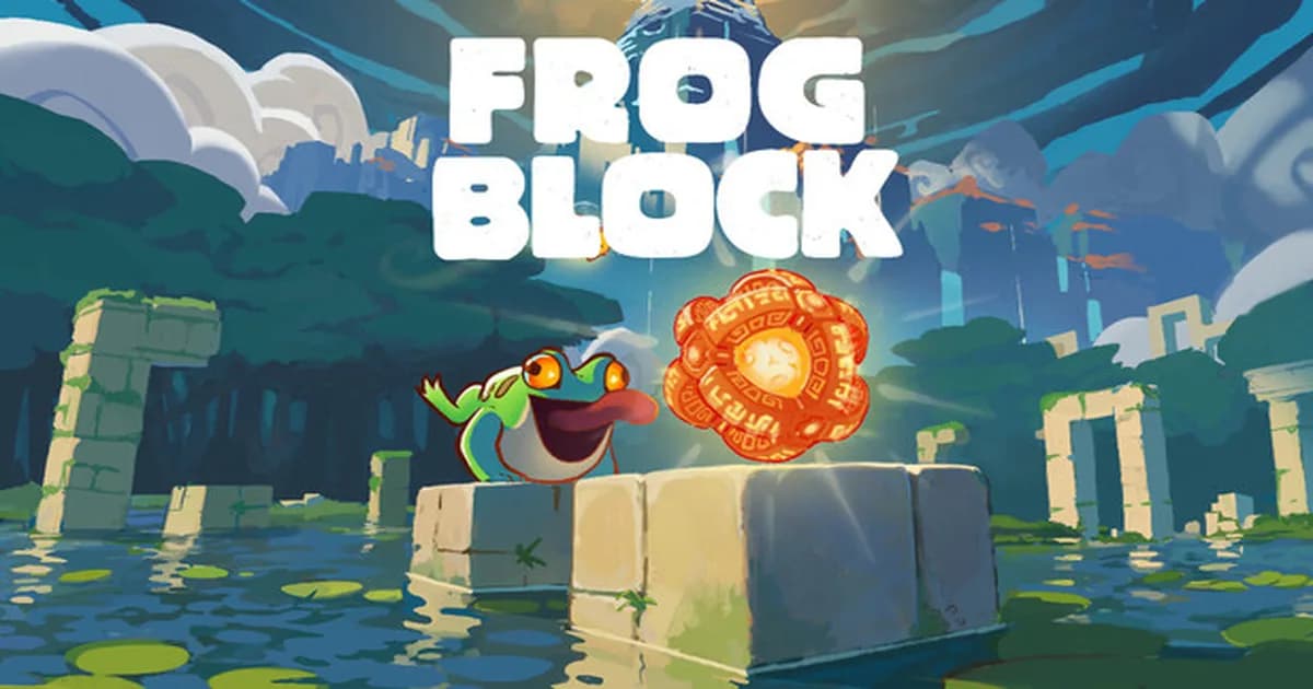Frogblock game capsule: a small cartoon frog on ancient ruins in a colorful 3D perspective puzzle environment