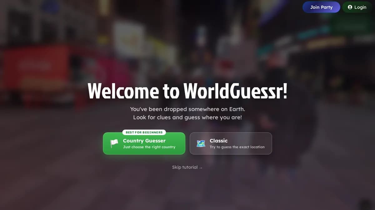 WorldGuessr welcome screen over a blurred Times Square street view, with Country Guesser and Classic mode buttons and a Join Party button