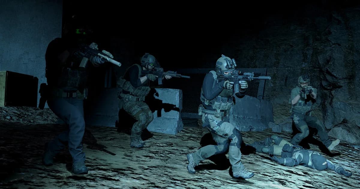 A tactical operator team breaching a door in a dimly lit building interior, weapons raised and flashlights cutting through the dark