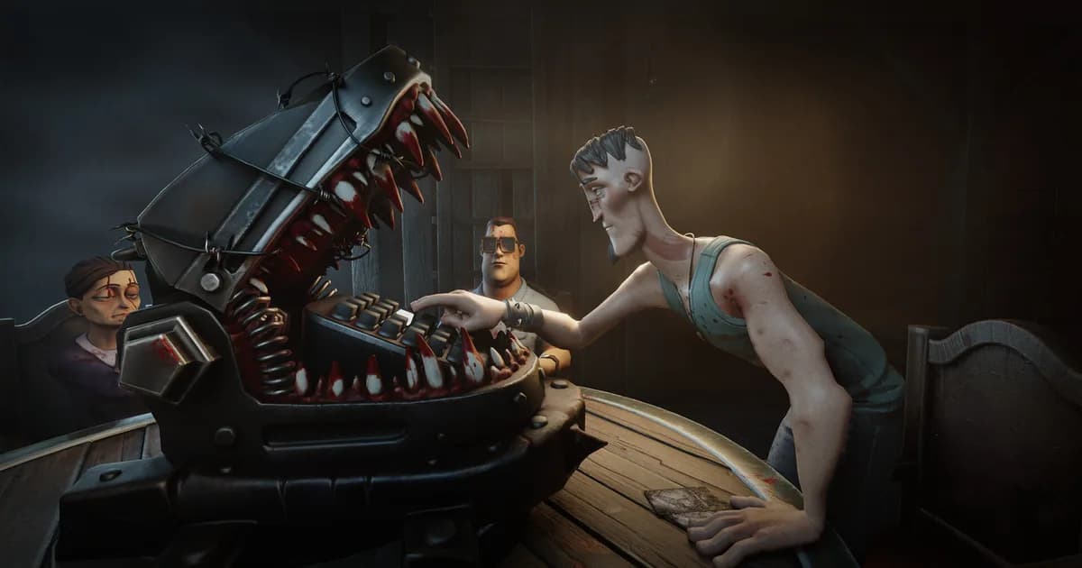 A lanky player reaches into the open jaws of a toothed metal device on a round wooden table while two others watch