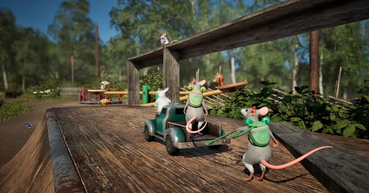 Two mice wearing green frog backpacks pull a rusty toy pickup truck along a wooden bench beside a playground