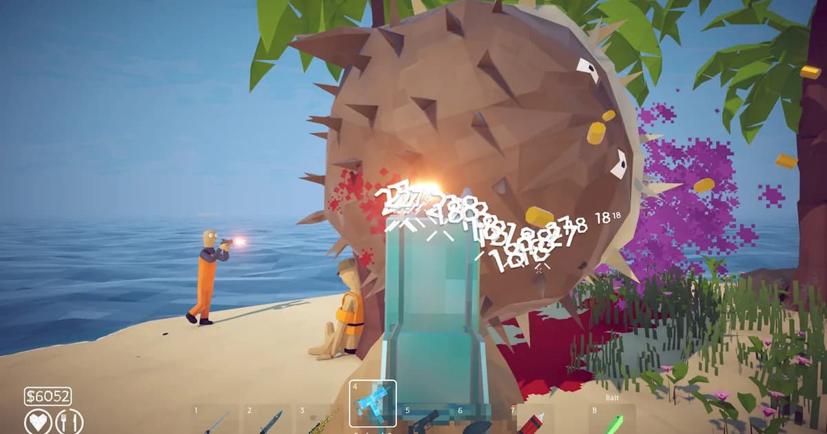 Players firing at a huge spiked pufferfish on a beach with damage numbers and a weapon hotbar visible