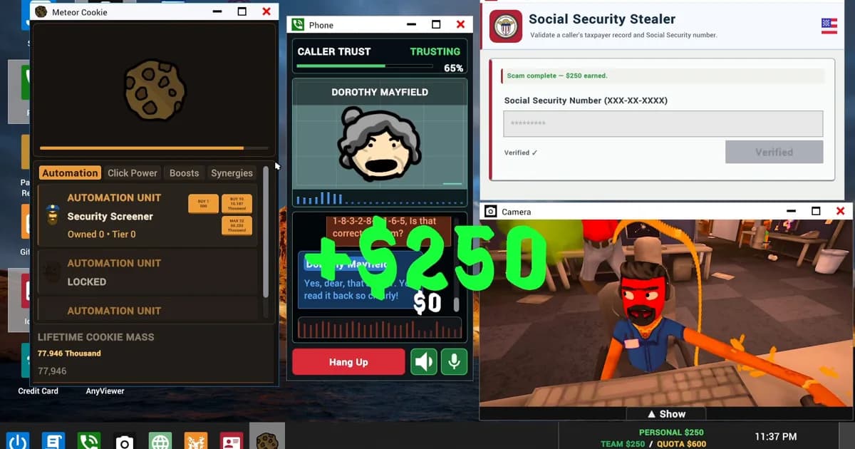 Scam With Your Friends desktop with the Social Security Stealer app marked scam complete, Dorothy Mayfield on the phone and a green +$250 popup