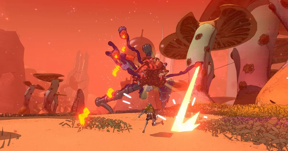 A tentacled modular abomination fires a yellow laser across a red mushroom field while a small employee runs beneath it