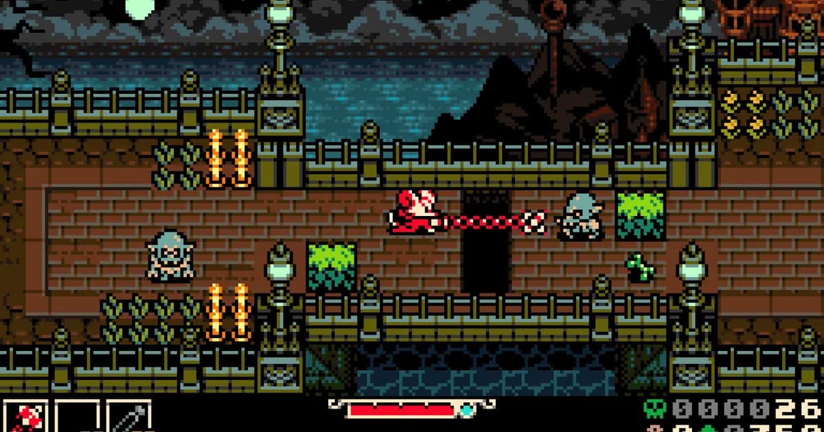 Mina lashes her chain whip at a blue enemy on a lamplit stone bridge over water, Victorian gothic architecture visible at night