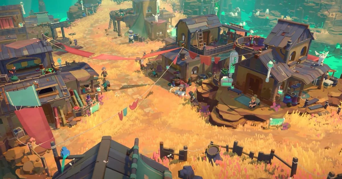 Aerial view of the desert town in Moonlighter 2 with wooden rooftops, market stalls and paths under a warm orange sky