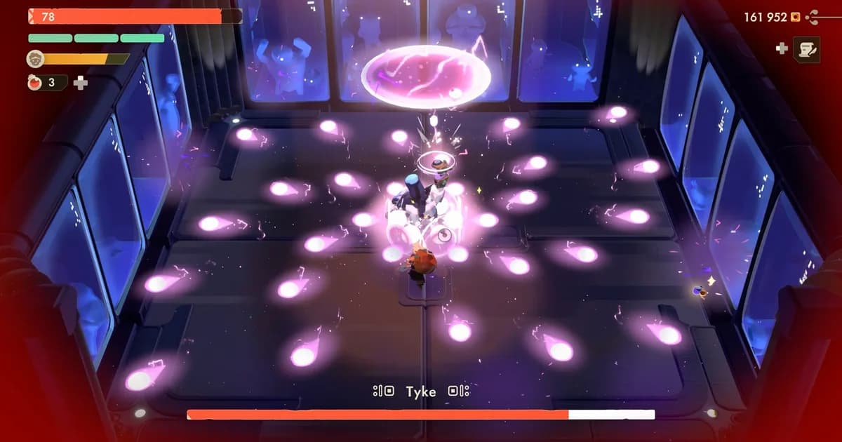 Will fights alone in a neon room while the Moonlighter 2 combat HUD surrounds the scene