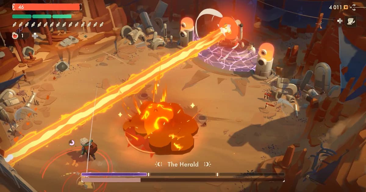 Will faces a fire beam from The Herald boss across a sandy arena littered with broken machinery in Moonlighter 2