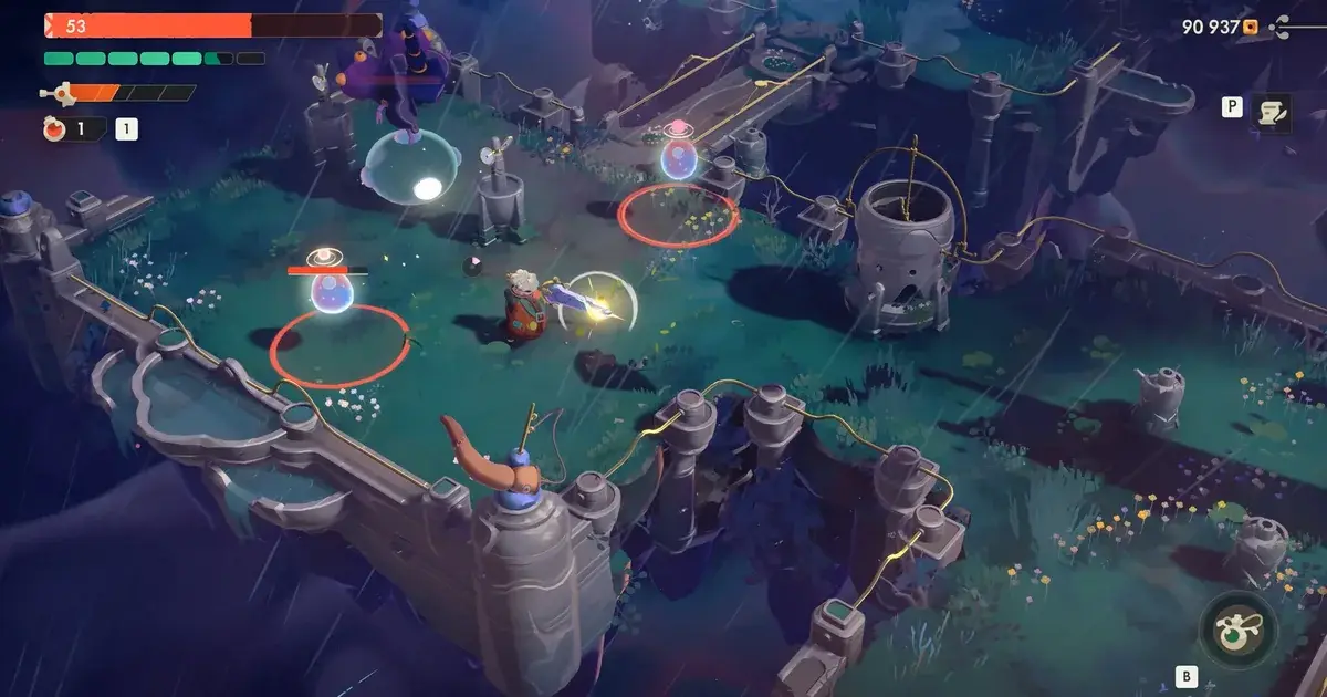 Will fights glowing enemies in a dark Moonlighter 2 dimension with health and combat meters visible