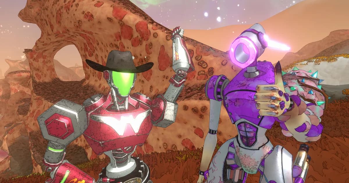 Two robot employees pose on red rock under a pale sky, one in a cowboy hat, the other a bulky purple robot