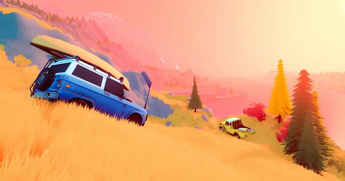 Blue off-road vehicle climbs a sunlit grassy slope above a stylized mountain valley