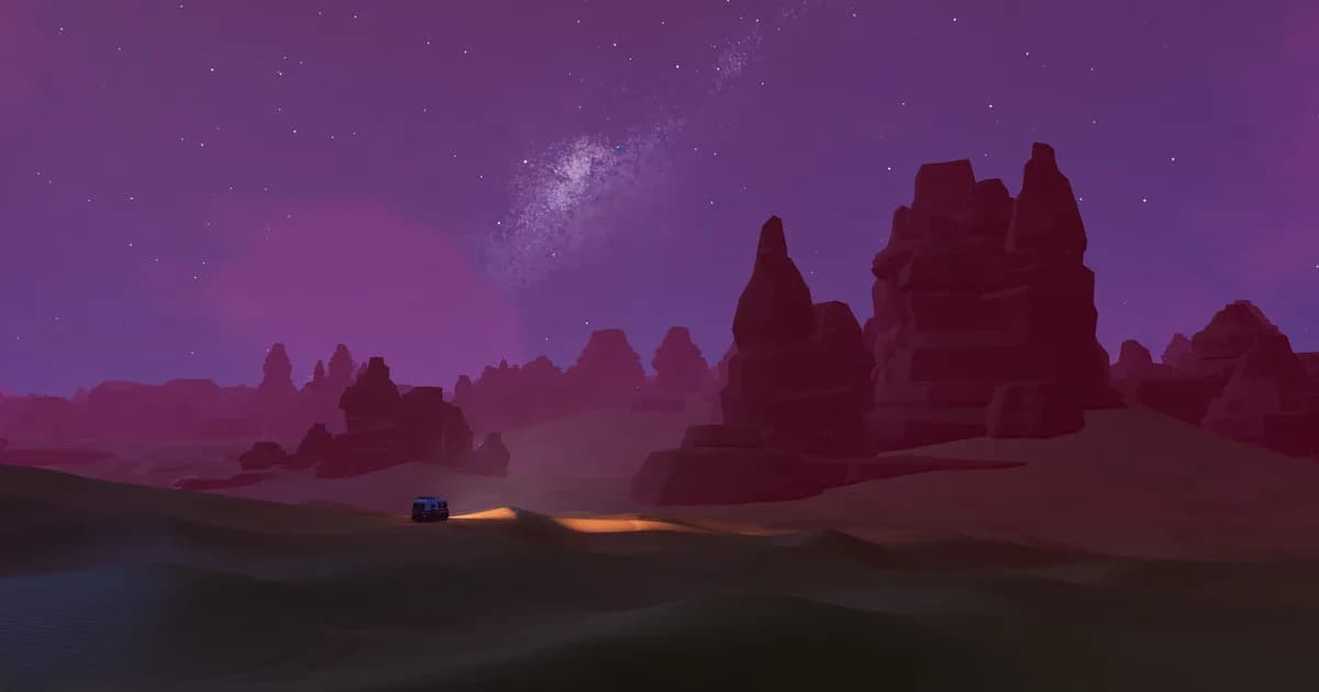 over the hill: a lone truck with its headlights on crosses dark desert dunes below red rock towers and a purple night sky