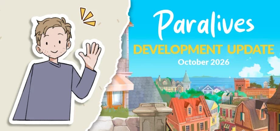 Paralives Development Update October 2026 banner with a waving cartoon developer beside a seaside town of red-roofed houses
