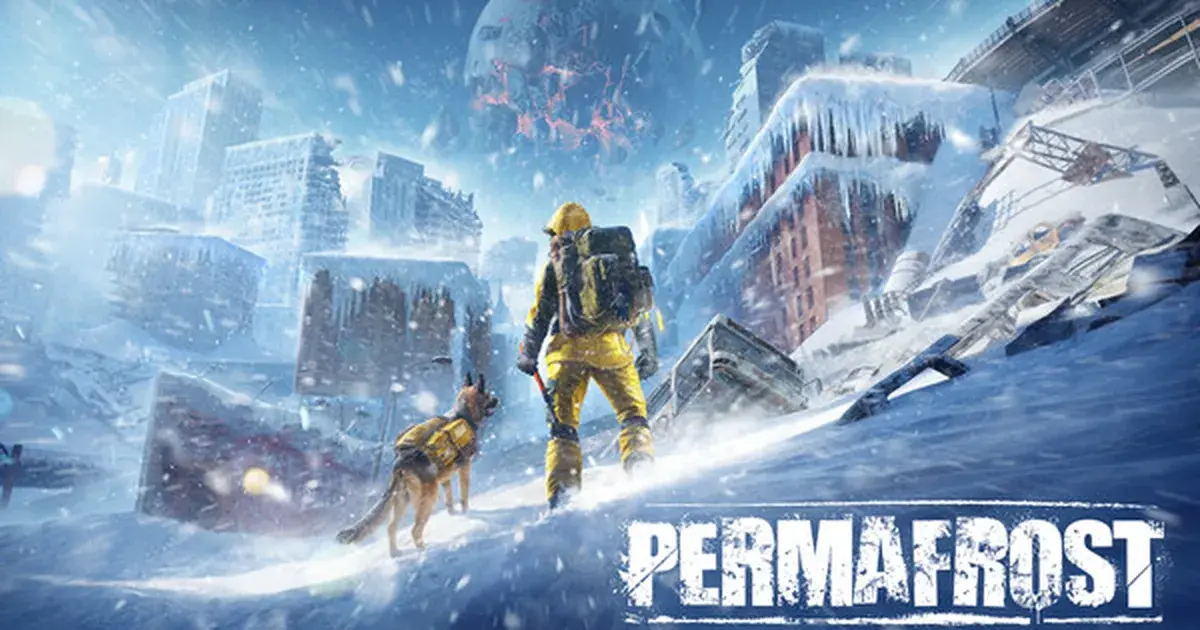 A survivor in yellow winter gear and a dog walk through a frozen city beneath a broken moon