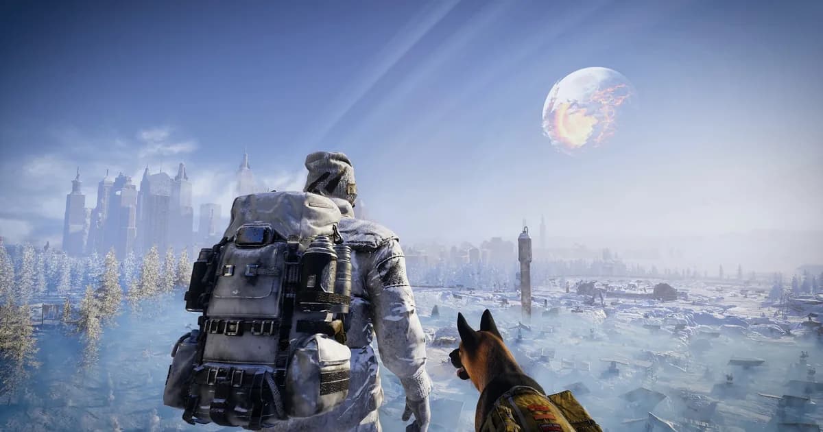 A winter-clad survivor and dog face a frozen city beneath a broken moon.