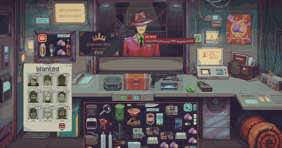 Probably Stolen shop counter where Joe Wild in a red suit and fedora greets the player, with a wanted poster and a sign reading rent in 5 days