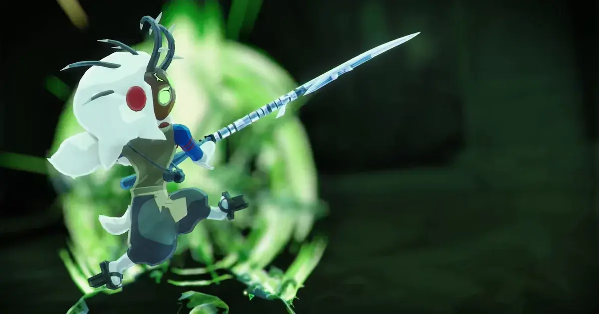 Acolyte, masked with spiked horns and a glowing green eye, leaping with her glaive raised against a green energy burst