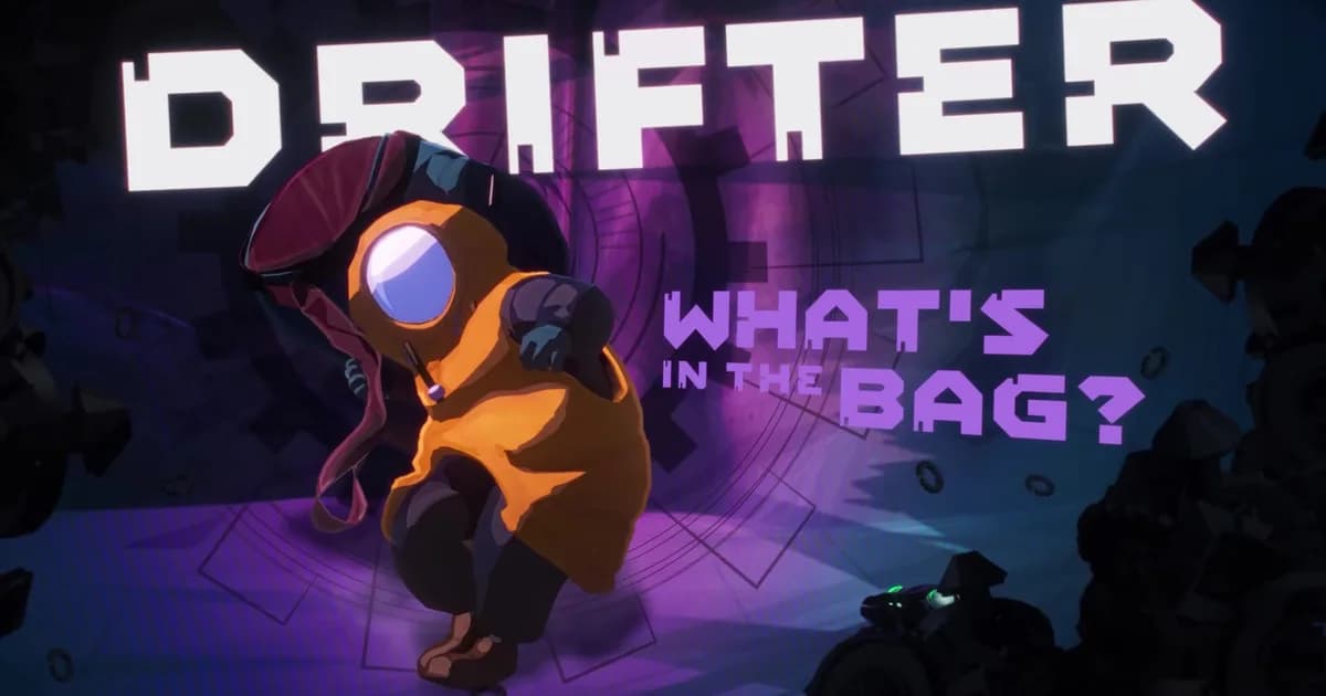 Risk of Rain 2 Drifter crouching in an orange coat with her sack, under a DRIFTER title card asking WHAT'S IN THE BAG?