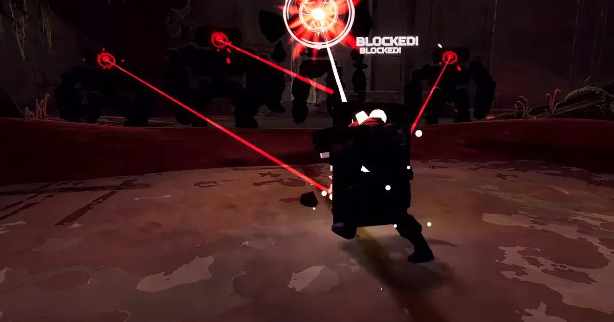 Risk of Rain 2 Enforcer crouched behind his riot shield as red laser beams from silhouetted enemies strike it, with Blocked pop-ups above