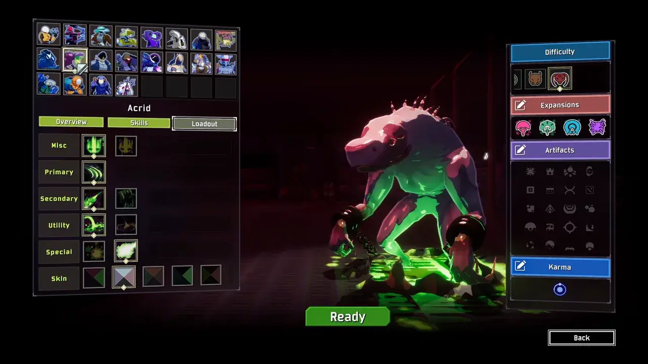 Risk of Rain 2 character select showing Acrid's Loadout tab with the second Special icon, a pale green cloud, selected, and Acrid standing on the right