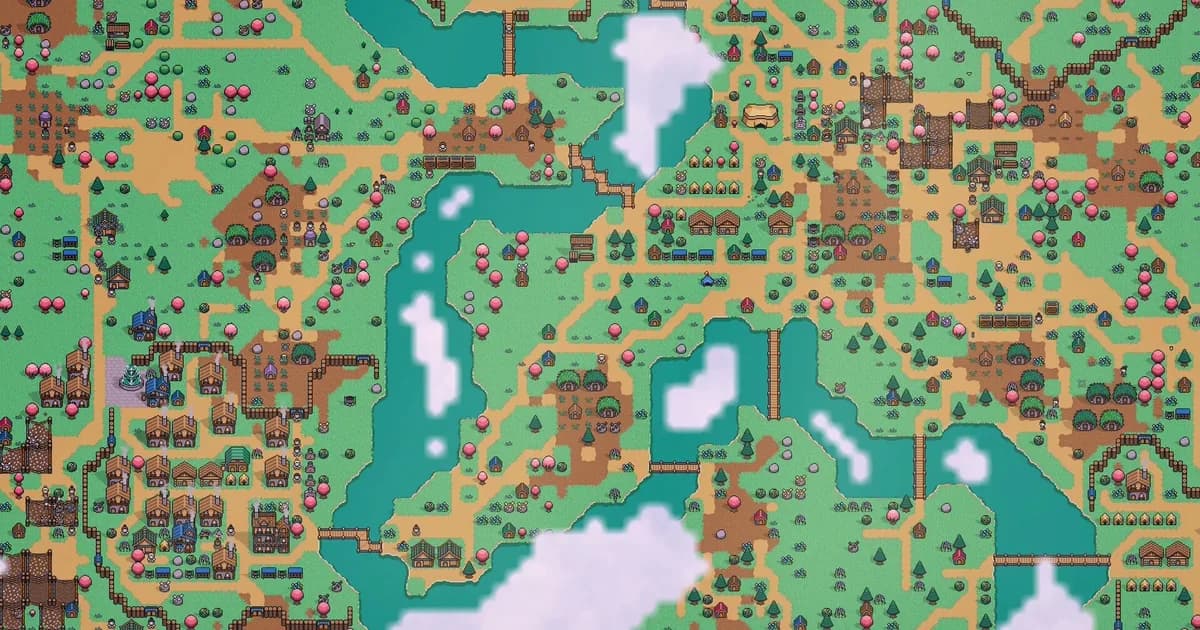 Top-down pixel art overview of a Settler's Domain world map showing several scattered settlements connected by dirt paths, bridges, rivers and forest tiles
