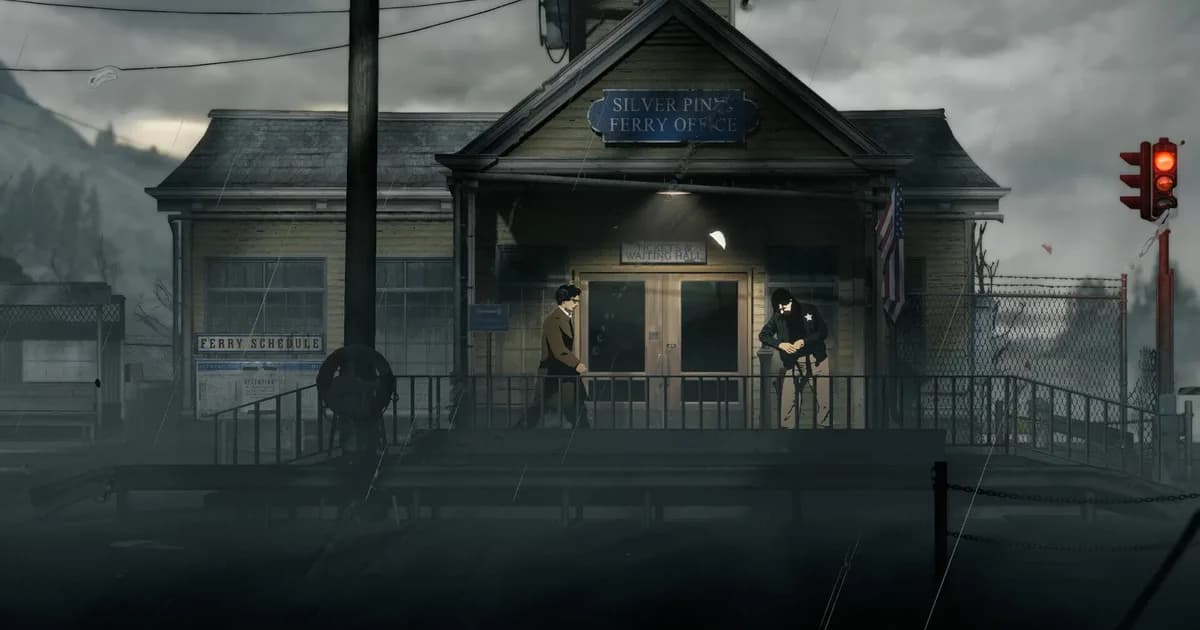 A man in a brown coat walks past the rain-soaked Silver Pines Ferry Office while a police officer sits by the door