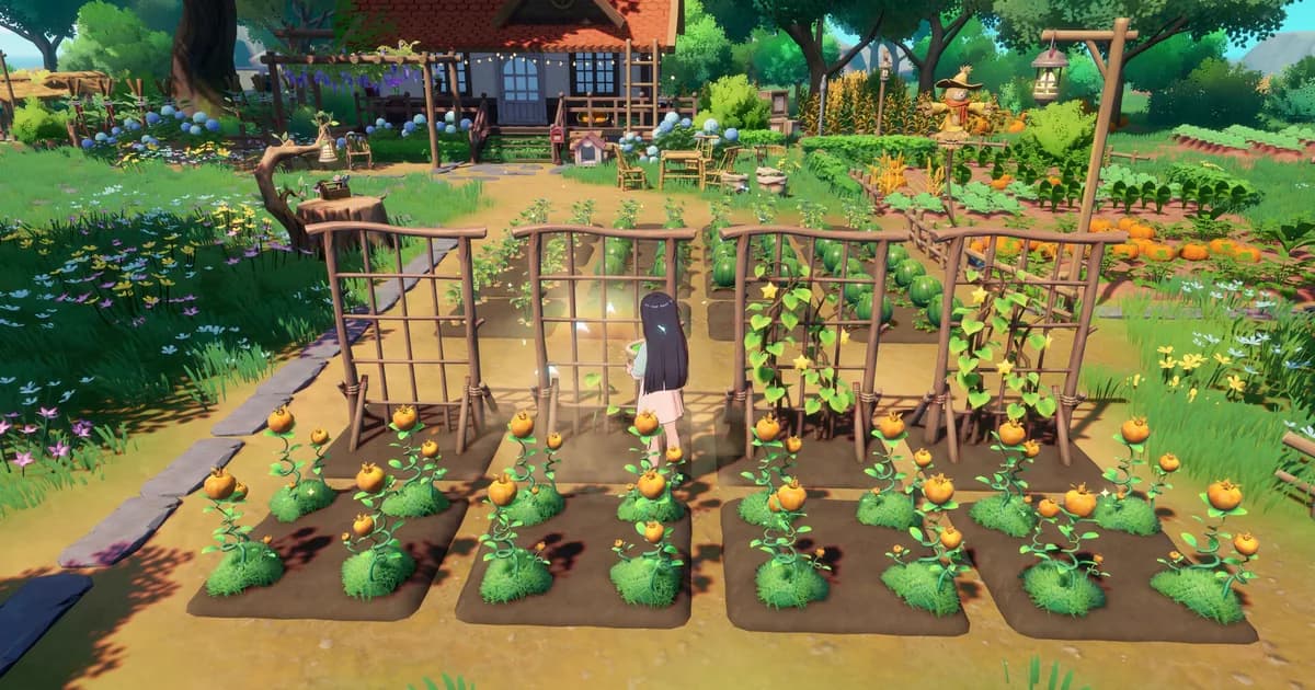 Player stands between wooden trellises growing orange climbing fruit, with watermelon rows and a pumpkin patch visible nearby