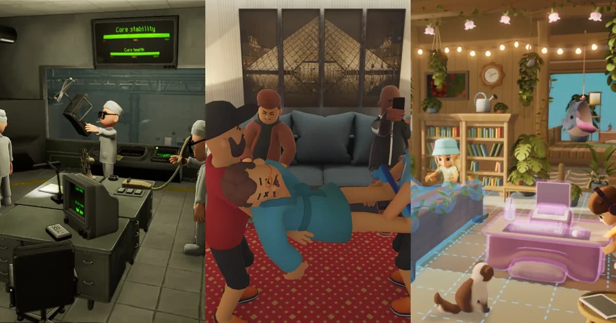 Three co-op demo screenshots side by side: reactor workers at a control desk, friends carrying a body in a hotel room, and a cosy plant-filled bedroom