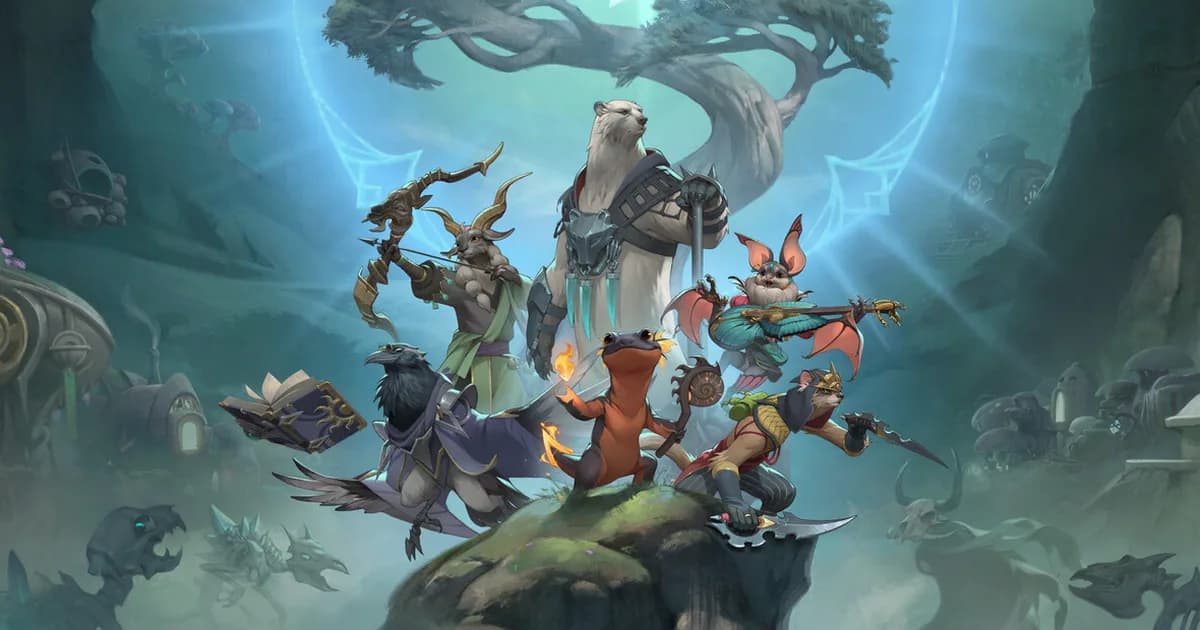 Sunderfolk key art showing the full hero roster, Ranger, Berserker, Bard, Arcanist, Pyromancer and Rogue, gathered on a rock before a glowing tree