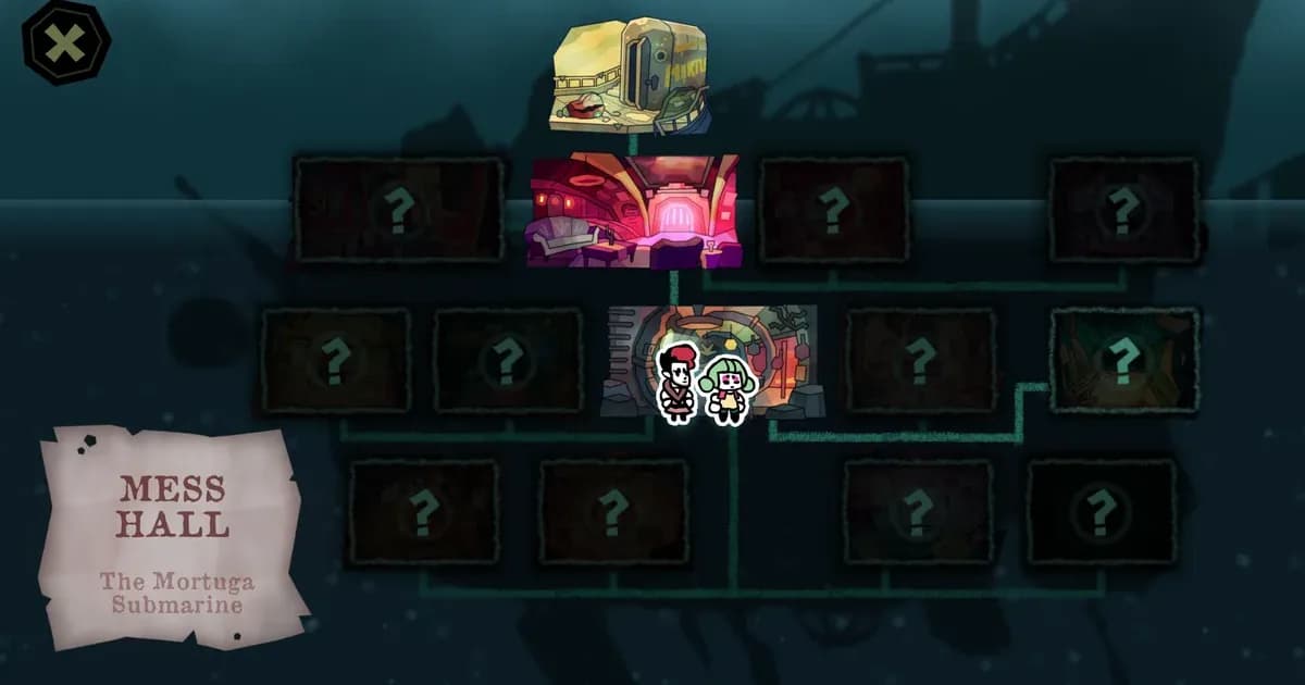 The Mermaid Mask submarine corridor scene with Detective Grimoire examining a glowing cauldron in a dimly lit locked room