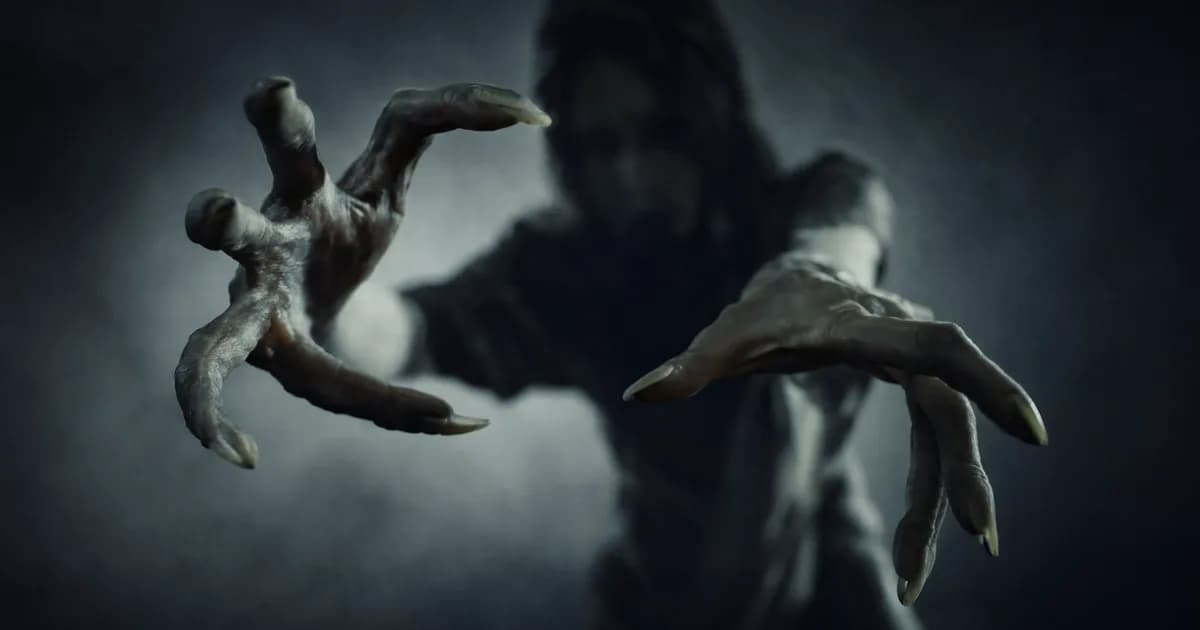 Blurred hooded humanoid figure reaching toward the camera with two pale, clawed hands in dark fog