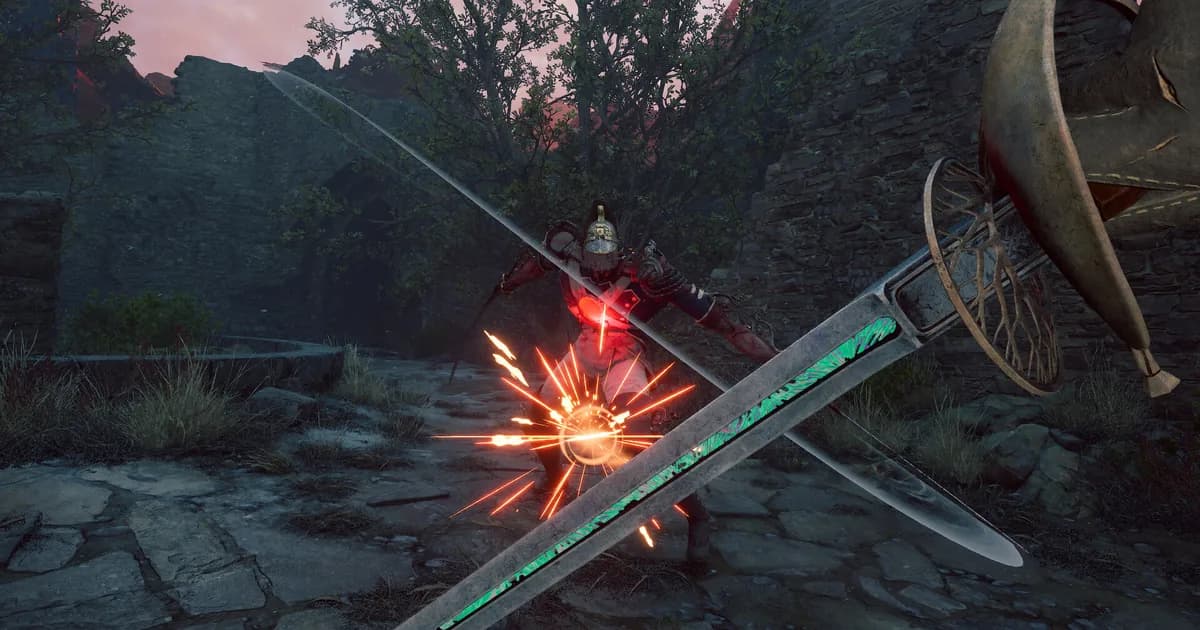 Two swords clash with a red-lit armored soldier in a ruined stone courtyard