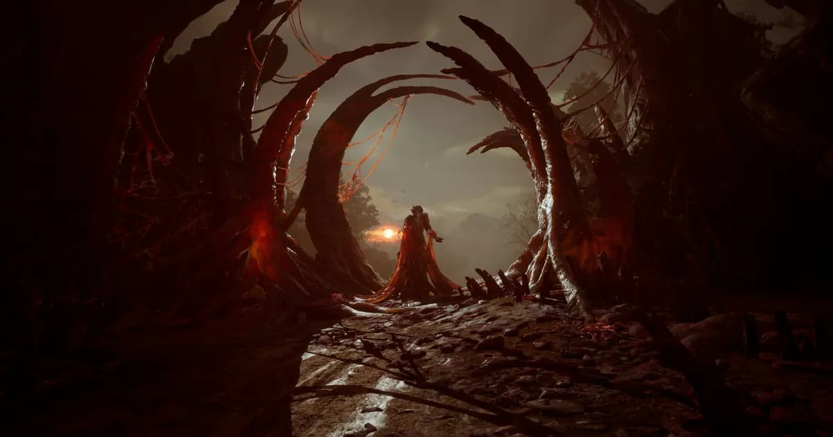 A lone soldier walks beneath enormous rib-like arches toward a pale sunlit valley