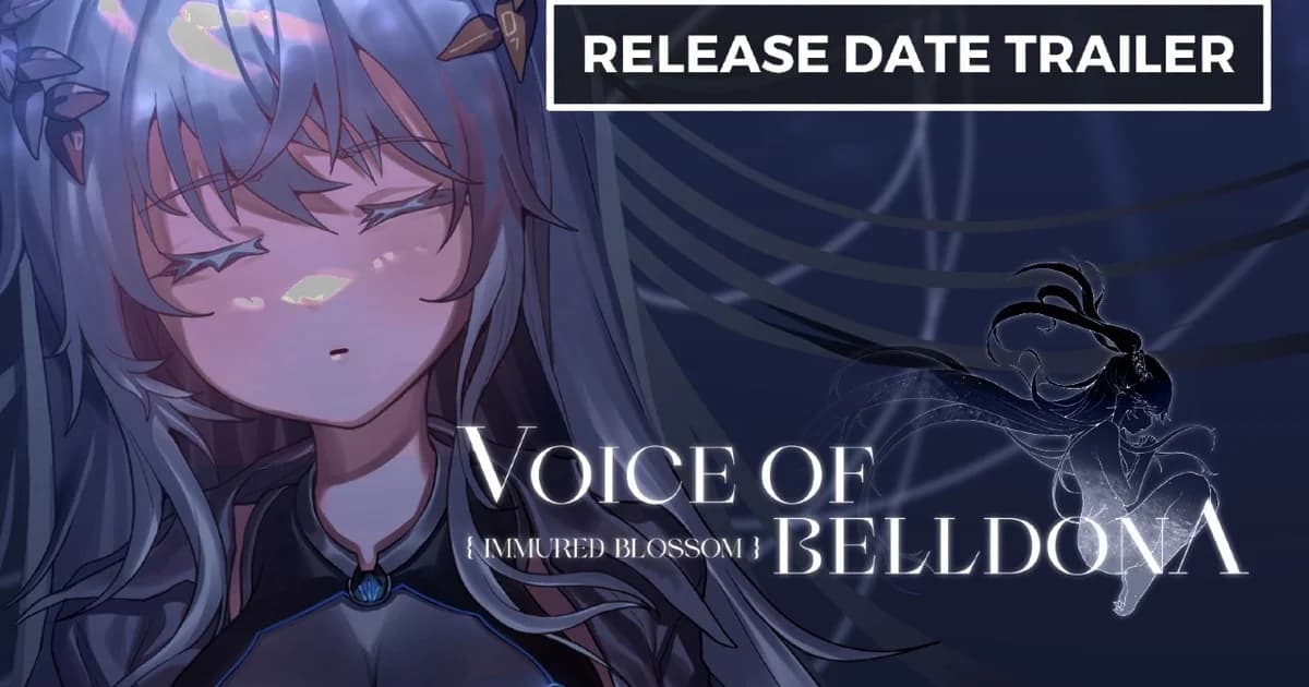 Cheryl's face in close-up on the Voice of Belldona release date trailer title card, with a dark winged silhouette behind her