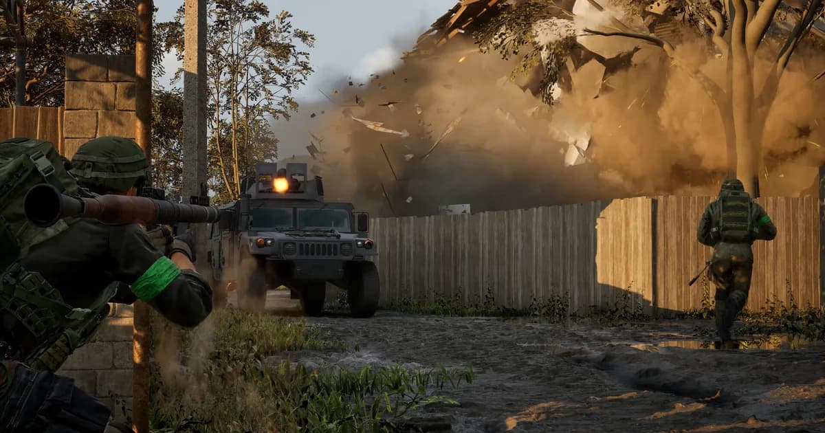 WARDOGS soldier firing a rocket beside an armored vehicle as a building collapses in a dusty village
