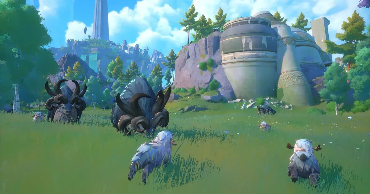 Two large horned familiars and several smaller white woolly familiars grazing together near stone ruins and a distant tower