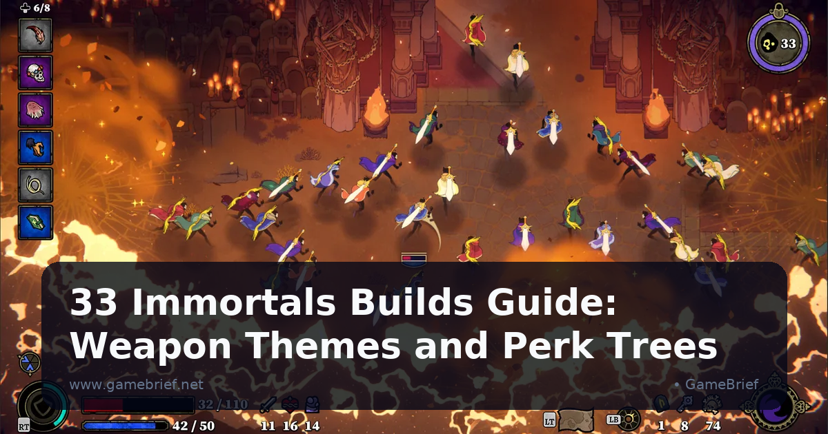 33 Immortals character standing at a perk upgrade screen with the sins and virtues weapon theme overlay visible and Paragon currency shown at bottom