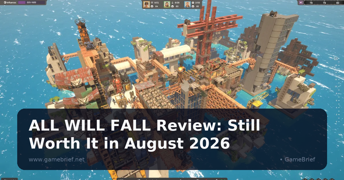 A sprawling ALL WILL FALL settlement built across several connected ocean platforms, with a red steel scaffold tower under construction and wooden bridges linking sections