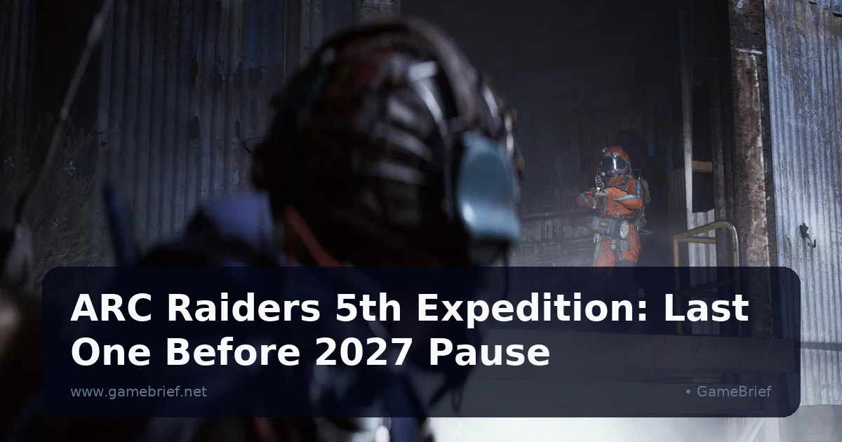 ARC Raiders raider in orange and blue armor aiming a weapon down a dim, rusted corrugated-metal corridor at another raider ahead