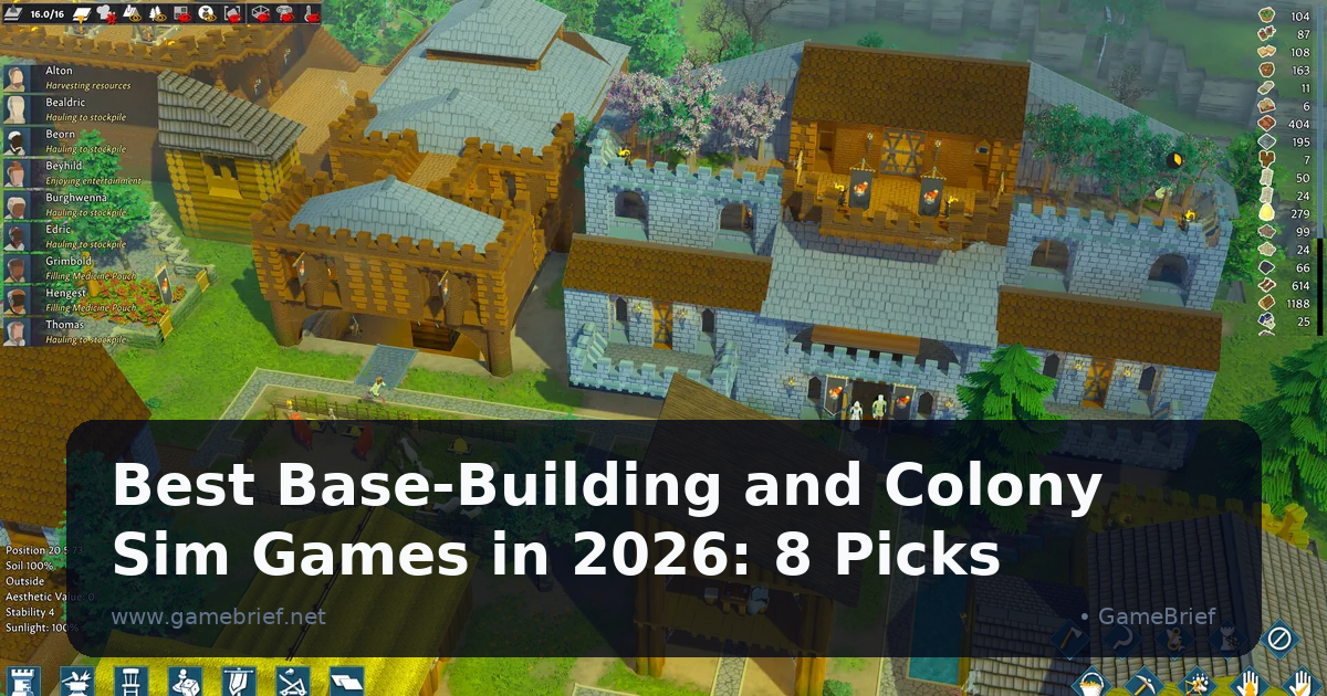A Going Medieval castle keep surrounded by wooden farm buildings, fenced livestock pens, and a blossoming orchard tree