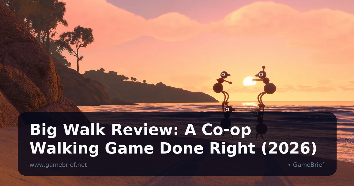 Two googly-eyed Big Walk characters silhouetted on a beach at sunset, ocean waves and a cliffside treeline in the background