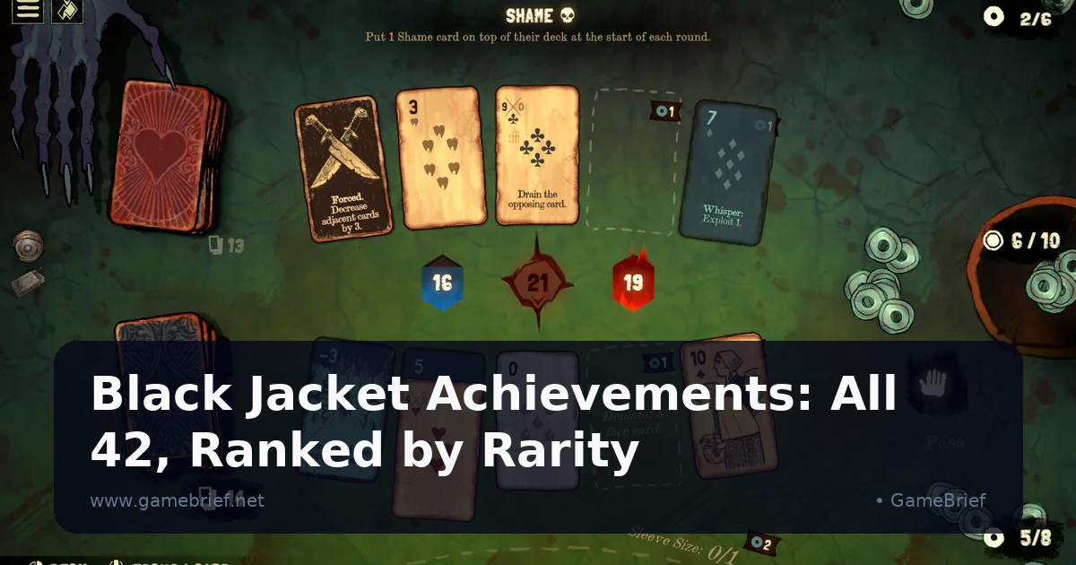 Black Jacket hand hitting exactly 21 with the Sleeve Size counter visible at 0 of 1, the mechanic tied to the game's most common achievement