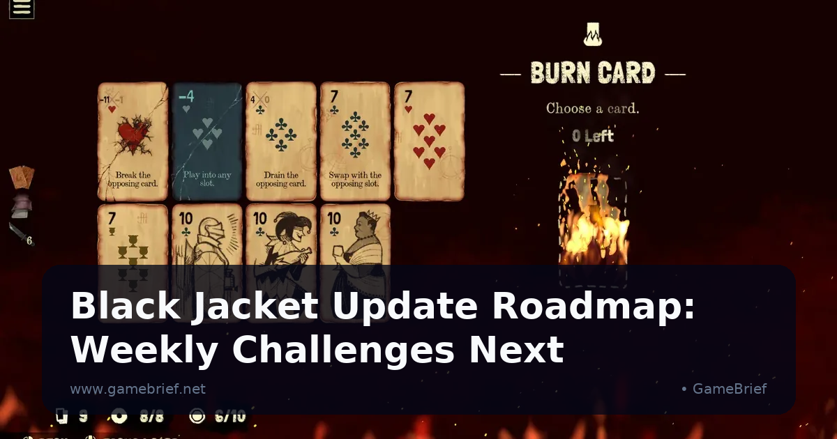 Black Jacket card battle UI showing a hand against a demonic opponent, gothic dark red table atmosphere