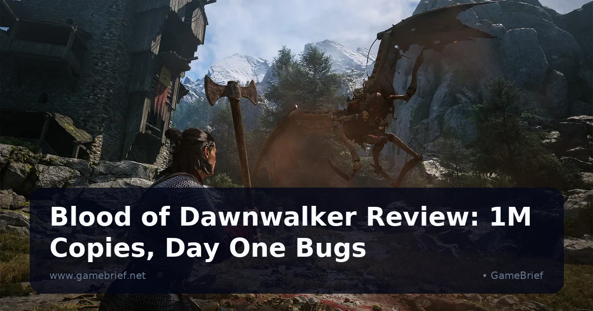 Coen raising a battle axe to face a winged, insectoid vampire creature outside a mountain village, snow-capped peaks in the background